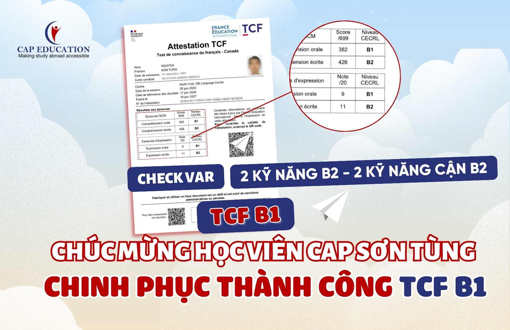 Chúc Mừng Học Viên CAP Sơn Tùng Chinh Phục Thành Công TCF B1