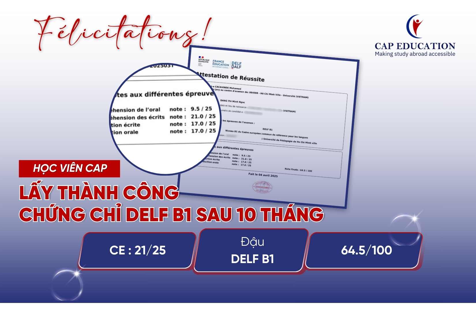 Học Viên CAP Xuất Sắc Lấy Chứng Chỉ DELF B1 Sau 10 Tháng