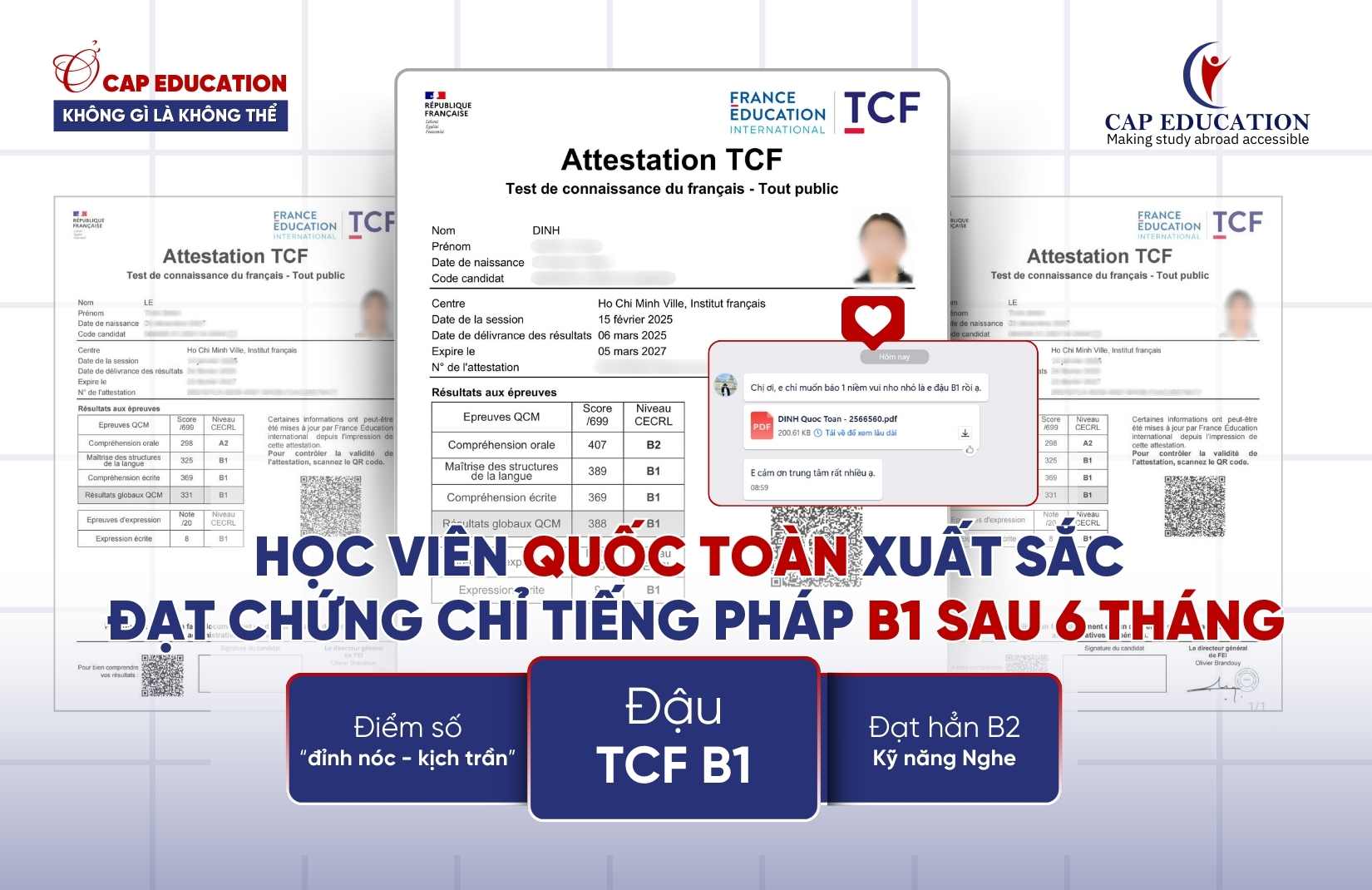 Học Viên Quốc Toàn Xuất Sắc Đạt Chứng Chỉ Tiếng Pháp B1 Sau 6 Tháng